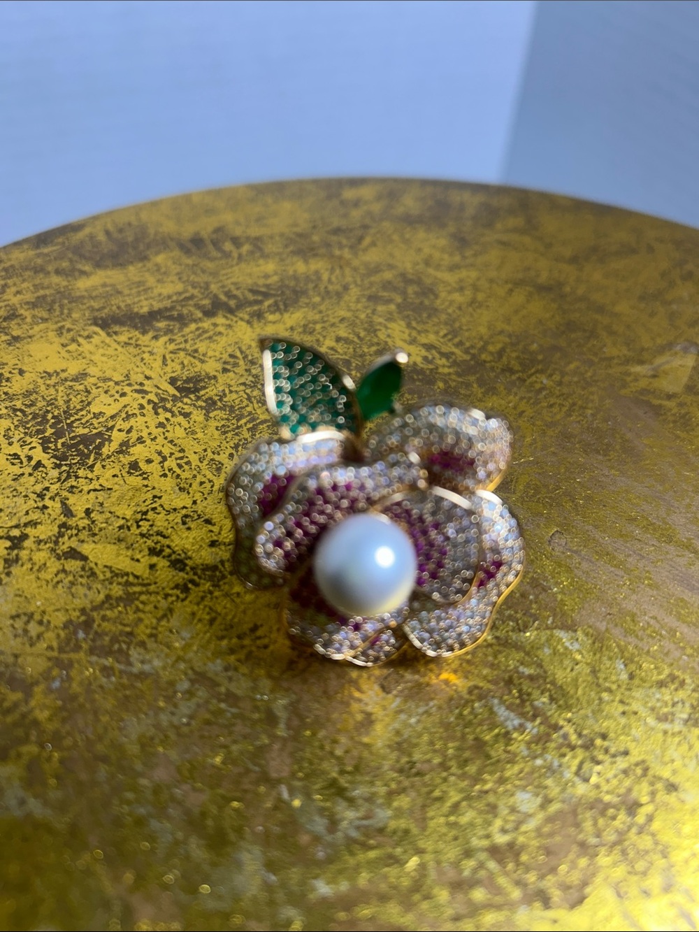 Gold-Tone Floral Pearl Cocktail Ring with Green Enamel Leaf